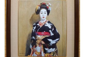 真作　小松崎邦雄　「鶴の舞妓」　限定50部　35/50　陶板画(女性、人物、額装、共シール、箱付き)(R-075539)
