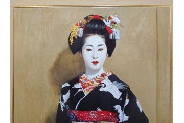 真作　小松崎邦雄　「鶴の舞妓」　限定50部　35/50　陶板画(女性、人物、額装、共シール、箱付き)(R-075539)