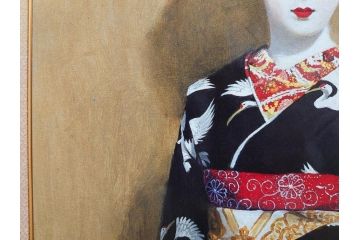 真作　小松崎邦雄　「鶴の舞妓」　限定50部　35/50　陶板画(女性、人物、額装、共シール、箱付き)(R-075539)