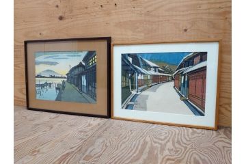 真作　関野準一郎　「御油」　「舞阪」　サイン入り　木版画2枚セット(絵画、額装)(R-075540)