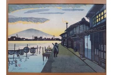 真作　関野準一郎　「御油」　「舞阪」　サイン入り　木版画2枚セット(絵画、額装)(R-075540)