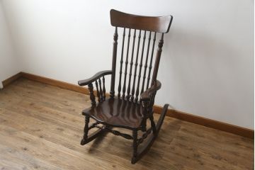 中古　美品　希少な廃番品　松本民芸家具　木の味わいと職人の技が楽しめる304F型ロッキングチェア(板座チェア、アームチェア、イス、揺り椅子)(R-075561)