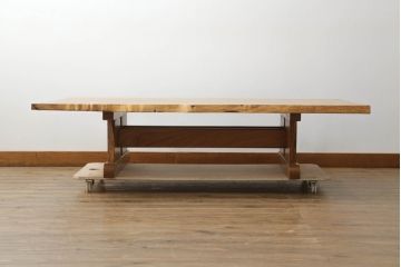 和製ビンテージ　総欅(ケヤキ)材　天板一枚板　自然な木の風合いを楽しめるローテーブル(座卓、センターテーブル、リビングテーブル、ヴィンテージ)(R-075578)