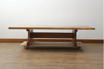 和製ビンテージ　総欅(ケヤキ)材　天板一枚板　自然な木の風合いを楽しめるローテーブル(座卓、センターテーブル、リビングテーブル、ヴィンテージ)(R-075578)