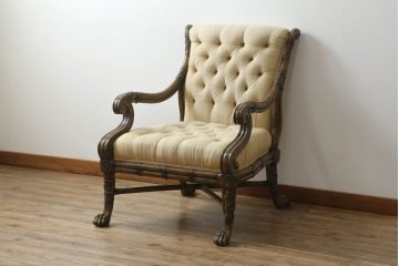 中古　美品　イギリス高級家具　THEODORE ALEXANDER(セオドア・アレキサンダー)　なめらかな曲線の猫脚が優美なアームチェア(椅子、イス、イージーチェア、サロンチェア、1Pソファ、1人掛けソファ、英国)(R-075626)