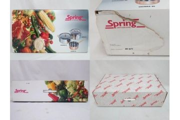 スイス製　Spring　スプリング社　クリスタルGL　ソテーパン(24cm)　片手鍋(18cm)　両手深型鍋(20cm)　キッチンウェア3点セット(CRISTAL、料理ブック付き、箱付き、スターターセット)(R-075641)
