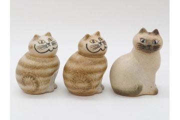 北欧雑貨　リサ・ラーソン　Lisa Larson　ミア(Mia)　マンズ(Mans)　キャット　猫　ねこ　ネコ　小振りで可愛らしいオブジェ3点セット(置物、陶器、ホワイト、ブラウン)(R-075647)