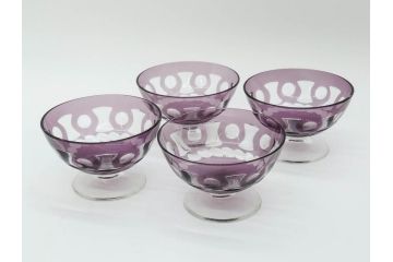 昭和初期　色被せ　切子　紫　上品な色合いが美しいグラス4客セット(デザートカップ、氷コップ、硝子、ガラス)(R-075652)
