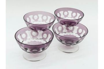 昭和初期　色被せ　切子　紫　上品な色合いが美しいグラス4客セット(デザートカップ、氷コップ、硝子、ガラス)(R-075652)