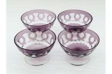 昭和初期　色被せ　切子　紫　上品な色合いが美しいグラス4客セット(デザートカップ、氷コップ、硝子、ガラス)(R-075652)