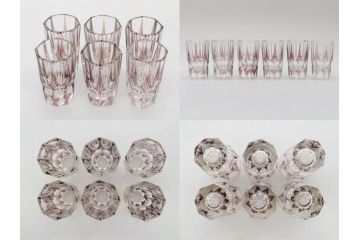 昭和初期　江戸 切子　色被せガラス　赤　紫　様々なカットが施された優美な印象の水差し&グラス12客セット(カットガラス、硝子、ピッチャー、カラフェ、コップ)(R-075653)