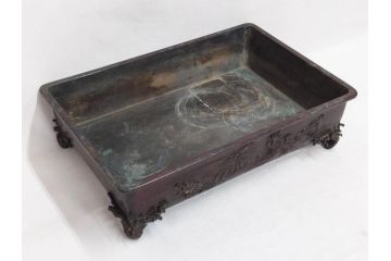 時代物　金工　嶺雲鋳　龍文　細部まで施された意匠が目を惹く水盤(銅製、盆栽鉢、花器)(R-075654)