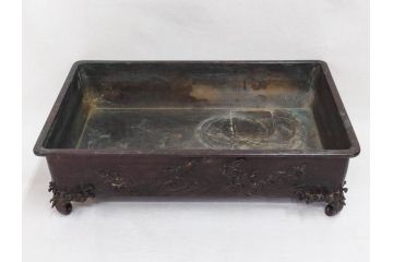 時代物　金工　嶺雲鋳　龍文　細部まで施された意匠が目を惹く水盤(銅製、盆栽鉢、花器)(R-075654)