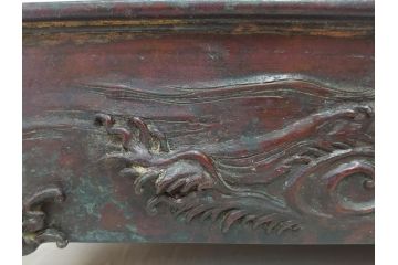 時代物　金工　嶺雲鋳　龍文　細部まで施された意匠が目を惹く水盤(銅製、盆栽鉢、花器)(R-075654)