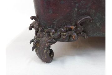 時代物　金工　嶺雲鋳　龍文　細部まで施された意匠が目を惹く水盤(銅製、盆栽鉢、花器)(R-075654)
