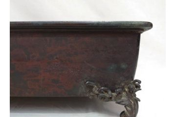 時代物　金工　嶺雲鋳　龍文　細部まで施された意匠が目を惹く水盤(銅製、盆栽鉢、花器)(R-075654)