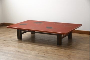 中古　美品　輪島塗り　漆塗り　百人一首の絵柄が趣を感じさせる座卓(ローテーブル、センターテーブル、リビングテーブル)(R-075660)