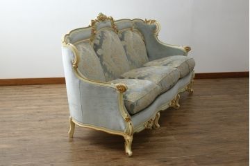 中古　イタリア高級家具　Mario Colciago&Figli(マリオ・コルチャゴ)　Fratelli Origgi(フラテッリ・オリッジ)　ロココ調のデザインがエレガントな3人掛けソファ(三人掛けソファ、3P)(R-075713)