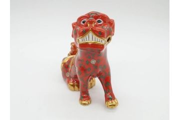 ヘレンド　ハンガリー　HEREND HVNGARY　シノワズリシリーズ　狛犬ペア　西安の黒・赤　右足・左足上げ　2点セット(こまいぬ、手描き、磁器、置物、飾り物、獅子、しし、シシ、HUNGARY)(R-075787)