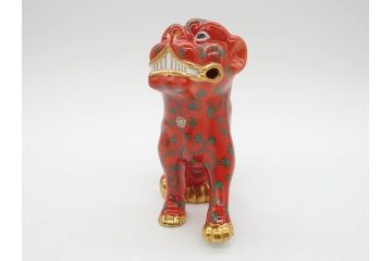 ヘレンド　ハンガリー　HEREND HVNGARY　シノワズリシリーズ　狛犬ペア　西安の黒・赤　右足・左足上げ　2点セット(こまいぬ、手描き、磁器、置物、飾り物、獅子、しし、シシ、HUNGARY)(R-075787)