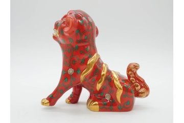 ヘレンド　ハンガリー　HEREND HVNGARY　シノワズリシリーズ　狛犬ペア　西安の黒・赤　右足・左足上げ　2点セット(こまいぬ、手描き、磁器、置物、飾り物、獅子、しし、シシ、HUNGARY)(R-075787)