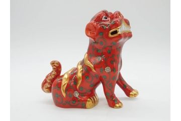 ヘレンド　ハンガリー　HEREND HVNGARY　シノワズリシリーズ　狛犬ペア　西安の黒・赤　右足・左足上げ　2点セット(こまいぬ、手描き、磁器、置物、飾り物、獅子、しし、シシ、HUNGARY)(R-075787)