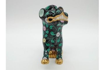 ヘレンド　ハンガリー　HEREND HVNGARY　シノワズリシリーズ　狛犬ペア　西安の黒・赤　右足・左足上げ　2点セット(こまいぬ、手描き、磁器、置物、飾り物、獅子、しし、シシ、HUNGARY)(R-075787)