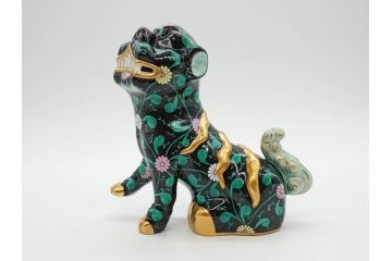 ヘレンド　ハンガリー　HEREND HVNGARY　シノワズリシリーズ　狛犬ペア　西安の黒・赤　右足・左足上げ　2点セット(こまいぬ、手描き、磁器、置物、飾り物、獅子、しし、シシ、HUNGARY)(R-075787)