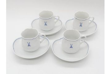 ドイツ　マイセン　Meissen　双剣　ホワイトマイセン　洗練されたデザインが美しいカップ&ソーサー4客・プレート4枚セット(C&S、皿、洋食器)(R-075789)