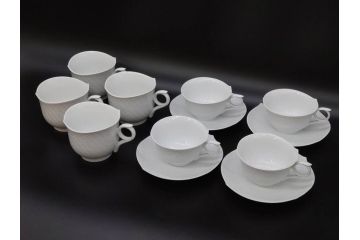 ドイツ　マイセン　Meissen　波の戯れ　ホワイト　さざ波のようなデザインが素敵なマグ4客・ティーカップ&ソーサー4客(C&S、マグカップ、洋食器)(R-075794)