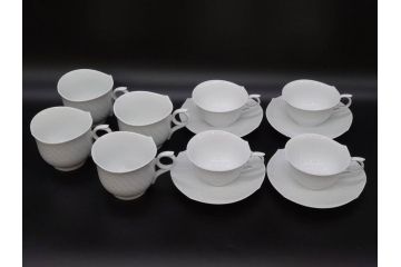 ドイツ　マイセン　Meissen　波の戯れ　ホワイト　さざ波のようなデザインが素敵なマグ4客・ティーカップ&ソーサー4客(C&S、マグカップ、洋食器)(R-075794)