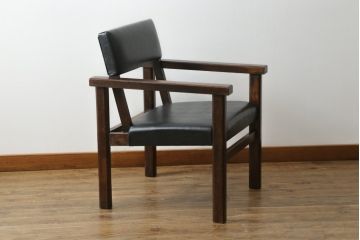 和製ビンテージ　松本民芸家具　特注　ナラ材　合皮　シンプルでスタイリッシュなアームチェア(ダイニングチェア、椅子、イス、ヴィンテージ)(R-075810)