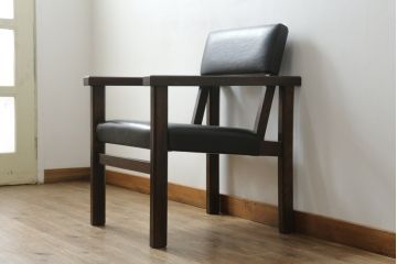 和製ビンテージ　松本民芸家具　特注　ナラ材　合皮　シンプルでスタイリッシュなアームチェア(ダイニングチェア、椅子、イス、ヴィンテージ)(R-075810)