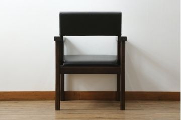 和製ビンテージ　松本民芸家具　特注　ナラ材　合皮　シンプルでスタイリッシュなアームチェア(ダイニングチェア、椅子、イス、ヴィンテージ)(R-075810)