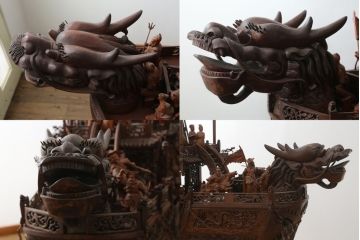特大　唐木　木製　置いてあるだけで存在感がある!細かな所まで作りこまれた木製の船(隋?、皇帝、御座船?、将軍、オブジェ、置物、ディスプレイ、店舗什器)(R-075826)