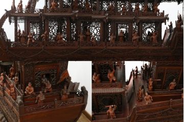 特大　唐木　木製　置いてあるだけで存在感がある!細かな所まで作りこまれた木製の船(隋?、皇帝、御座船?、将軍、オブジェ、置物、ディスプレイ、店舗什器)(R-075826)