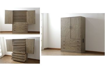 中古　美品!!　会津松本(會津松本)　東西館　桂鳳作　ダイナミックな彫刻入りの総桐箪笥(並厚、総桐たんす、着物箪笥、衣装箪笥、整理タンス、収納たんす、和箪笥、引き出し)(定価約170万円)(R-075836)