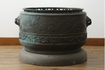 昭和四年　塩原 鋳之　古銅特大火鉢　上手物　約60kg(御鋳物師、手あぶり、鉢カバー、昭和4年、1929年)(R-075840)