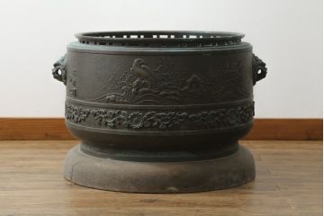 昭和四年　塩原 鋳之　古銅特大火鉢　上手物　約60kg(御鋳物師、手あぶり、鉢カバー、昭和4年、1929年)(R-075840)