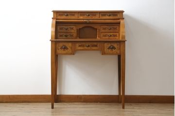 中古　象嵌(マーケットリー)入りのシリンダートップライティングビューロー(ワークデスク、簿記机、引き出し、在宅用、在宅ワーク用)(R-075846)