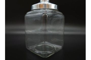 アンティーク雑貨　当時物　デッドストック　アルミ蓋　レトロな雰囲気を醸し出すガラス瓶3個セット(角型、角瓶、キャニスター、ガラスビン、菓子瓶、硝子、フタ付き)(R-075866)