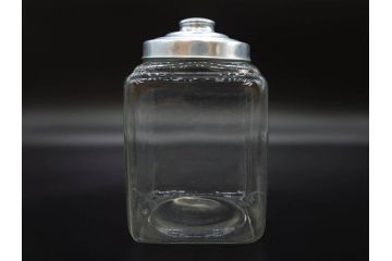 アンティーク雑貨　当時物　デッドストック　アルミ蓋　レトロな雰囲気を醸し出すガラス瓶3個セット(角型、角瓶、キャニスター、ガラスビン、菓子瓶、硝子、フタ付き)(R-075866)
