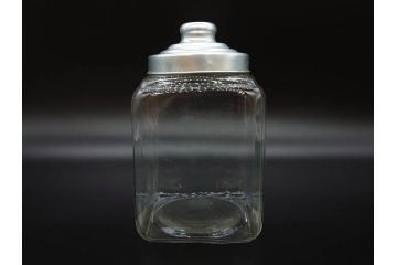 アンティーク雑貨　当時物　デッドストック　アルミ蓋　レトロな雰囲気を醸し出すガラス瓶3個セット(角型、角瓶、キャニスター、ガラスビン、菓子瓶、硝子、フタ付き)(R-075867)