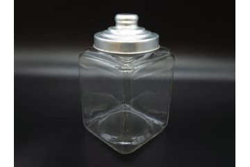 アンティーク雑貨　当時物　デッドストック　アルミ蓋　レトロな雰囲気を醸し出すガラス瓶3個セット(角型、角瓶、キャニスター、ガラスビン、菓子瓶、硝子、フタ付き)(R-075867)