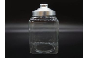アンティーク雑貨　当時物　デッドストック　アルミ蓋　レトロな雰囲気を醸し出すガラス瓶3個セット(角型、角瓶、キャニスター、ガラスビン、菓子瓶、硝子、フタ付き)(R-075867)