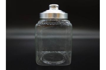 アンティーク雑貨　当時物　デッドストック　アルミ蓋　レトロな雰囲気を醸し出すガラス瓶3個セット(角型、角瓶、キャニスター、ガラスビン、菓子瓶、硝子、フタ付き)(R-075867)