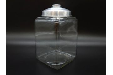 アンティーク雑貨　当時物　デッドストック　アルミ蓋　レトロな雰囲気を醸し出すガラス瓶3個セット(角型、角瓶、キャニスター、ガラスビン、菓子瓶、硝子、フタ付き)(R-075870)