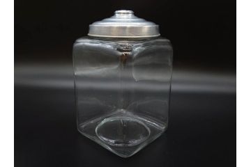 アンティーク雑貨　当時物　デッドストック　アルミ蓋　レトロな雰囲気を醸し出すガラス瓶3個セット(角型、角瓶、キャニスター、ガラスビン、菓子瓶、硝子、フタ付き)(R-075870)