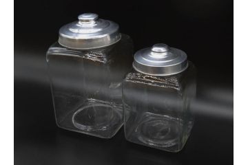 アンティーク雑貨　当時物　デッドストック　アルミ蓋　大・小　お洒落なディスプレイが叶うレトロなガラス瓶2個セット(角型、角瓶、キャニスター、ガラスビン、菓子瓶、硝子、フタ付き)(R-075871)