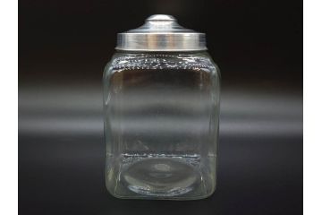 アンティーク雑貨　当時物　デッドストック　アルミ蓋　大・小　お洒落なディスプレイが叶うレトロなガラス瓶2個セット(角型、角瓶、キャニスター、ガラスビン、菓子瓶、硝子、フタ付き)(R-075871)